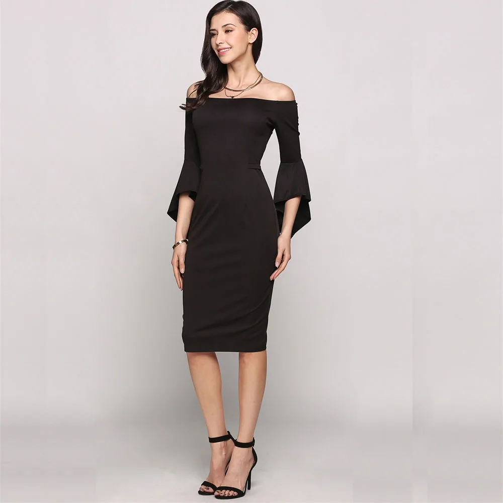 2017 Women Off The Shoulder 3/4 Asymmetrical Flare Sleeve Solid Bodycon Going Out Dress | Женская одежда
