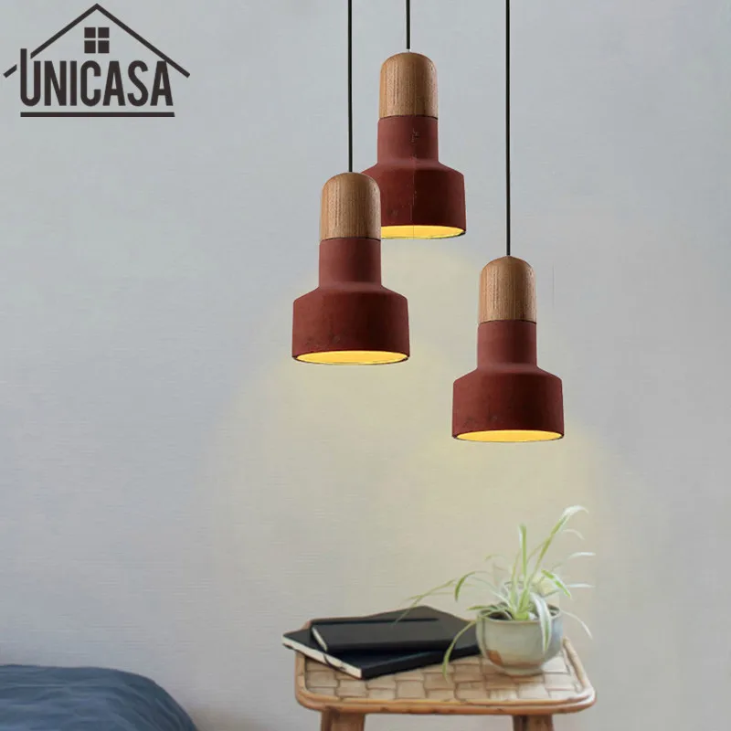 Vintage Industrial Cement Shade Wooden Bulb Holder Hotel Pendant Light Red Mini Lighting Bar Antique Mini Pendant Ceiling Lamp