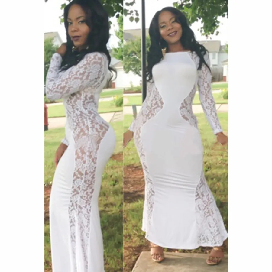 Black White Women Lace Long Sleeve Maxi 
