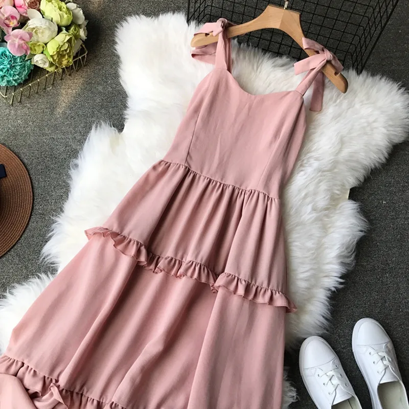 Женское шифоновое платье с завышенной талией однотонное в стиле ретро бантом