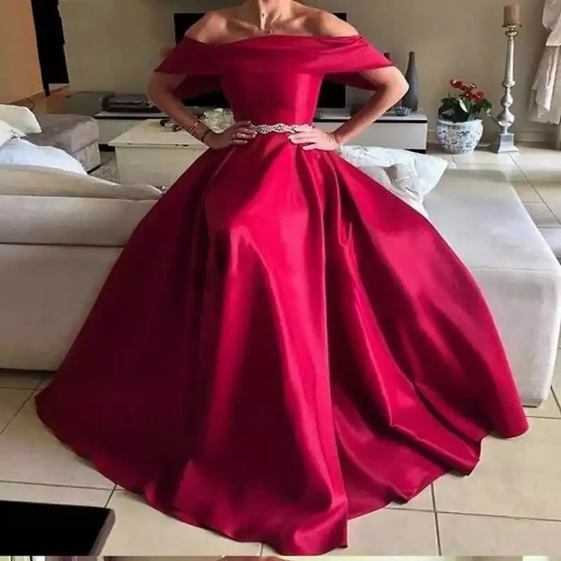 china Red Boat Neck Off The Shoulder Zipper Back Floor Lengt Satin Crystal Sash Evening Dresses vestidos de fiesta de noche