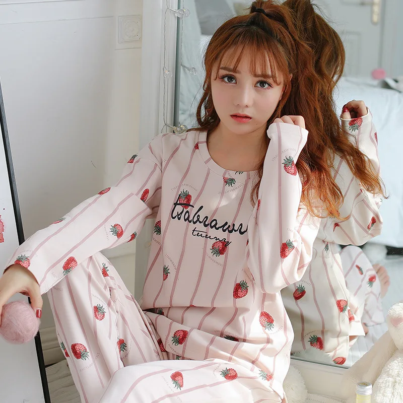 2018 New Autumn Pure Cotton Women Pajamas Long Sleeve Wide-legged Pants Home Clothes Nightgowns Sleep Lounge 2XL Plus Size | Женская