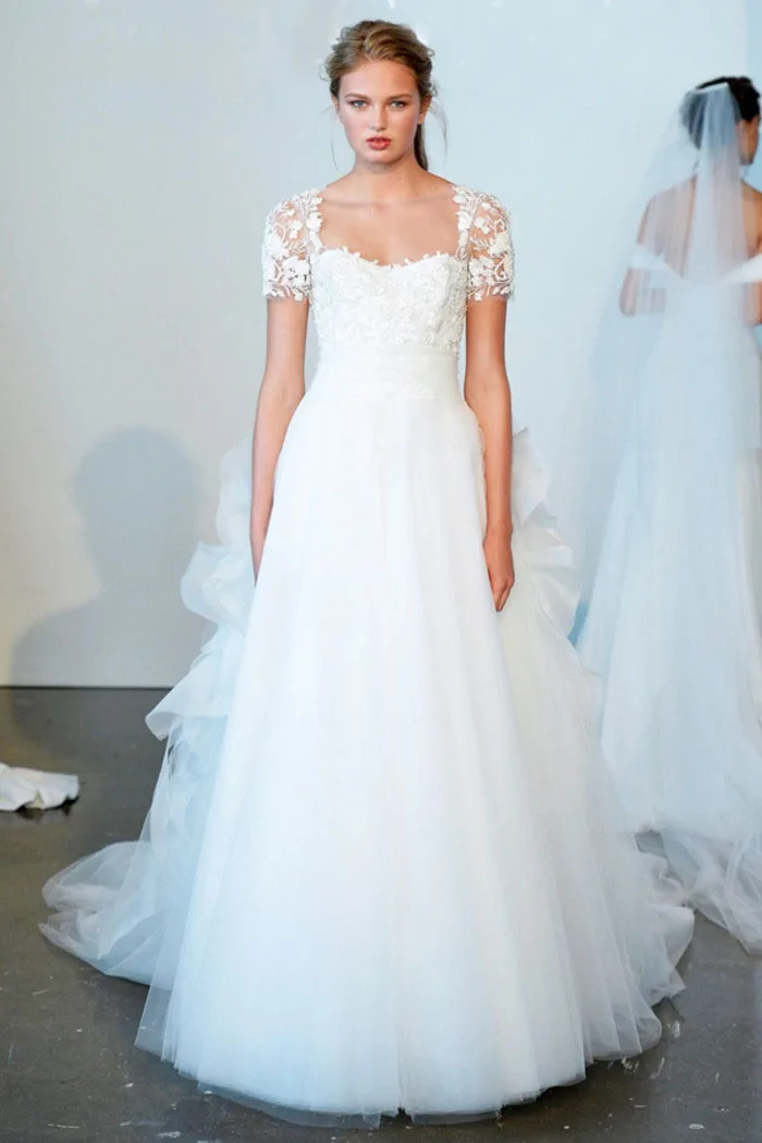 Hote продажи Площади с коротким рукавом длиной до пола часовня поезд платье