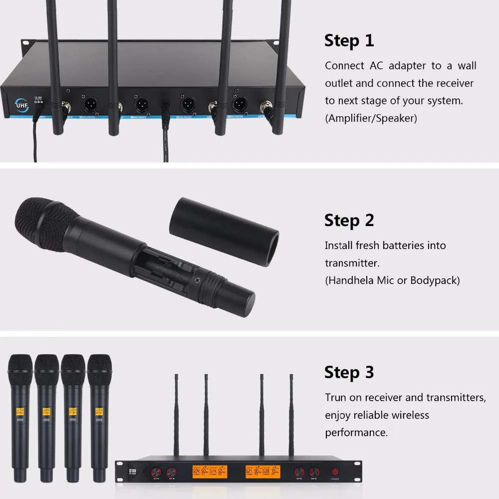 XTUGA A-400 Metal Material 4-Channel UHF Wireless Microphone System with 4 Hand-held for Stage Church Family Party Small Karaoke