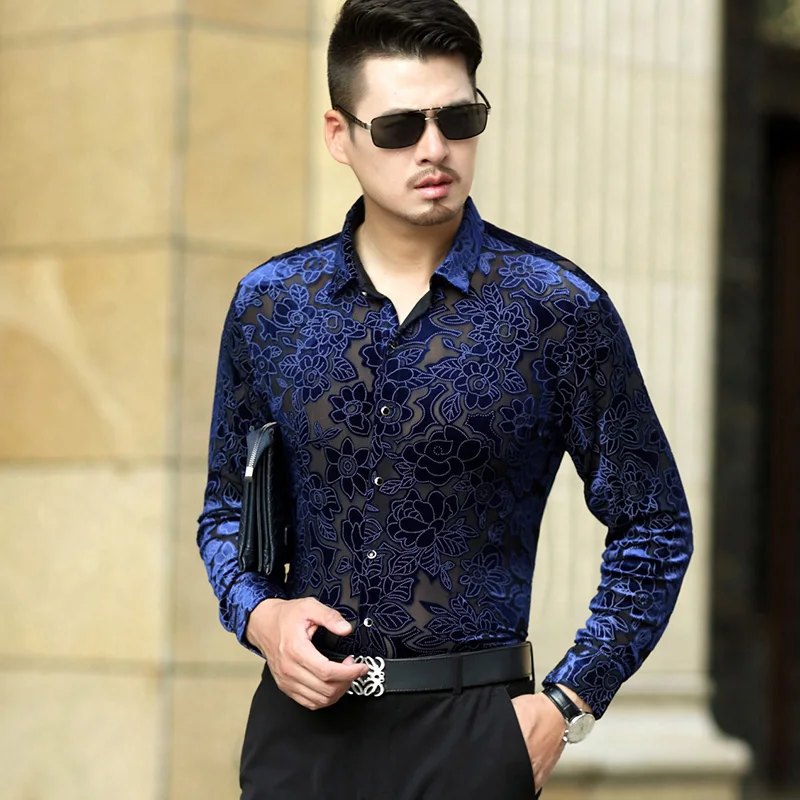 New design male casual see through shirts hollow floral long sleeve clothes mens sexy transprant dress shirt | Мужская одежда