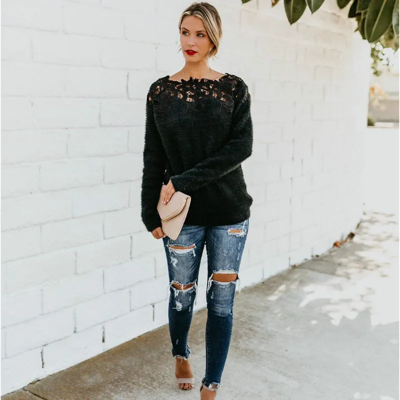 hirigin Women's Knitted Sweater Long Sleeve Hollow-out Applique Pullover Jumper vintage Autumn Elegant FashionTops | Женская одежда