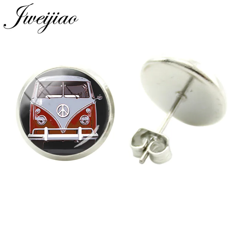 

JWEIJIAO Vintage Hippie Peace Sign Van Bus Earrings Handmade Glass Gem Cabochon Dome Stud Earrings Jewelry CT93