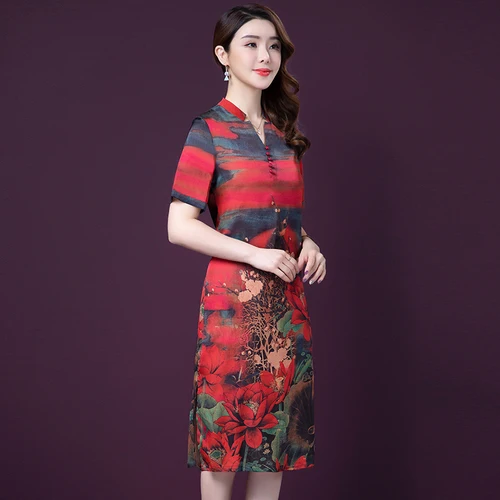 Женское шелковое платье с коротким рукавом элегантное большого размера открытым