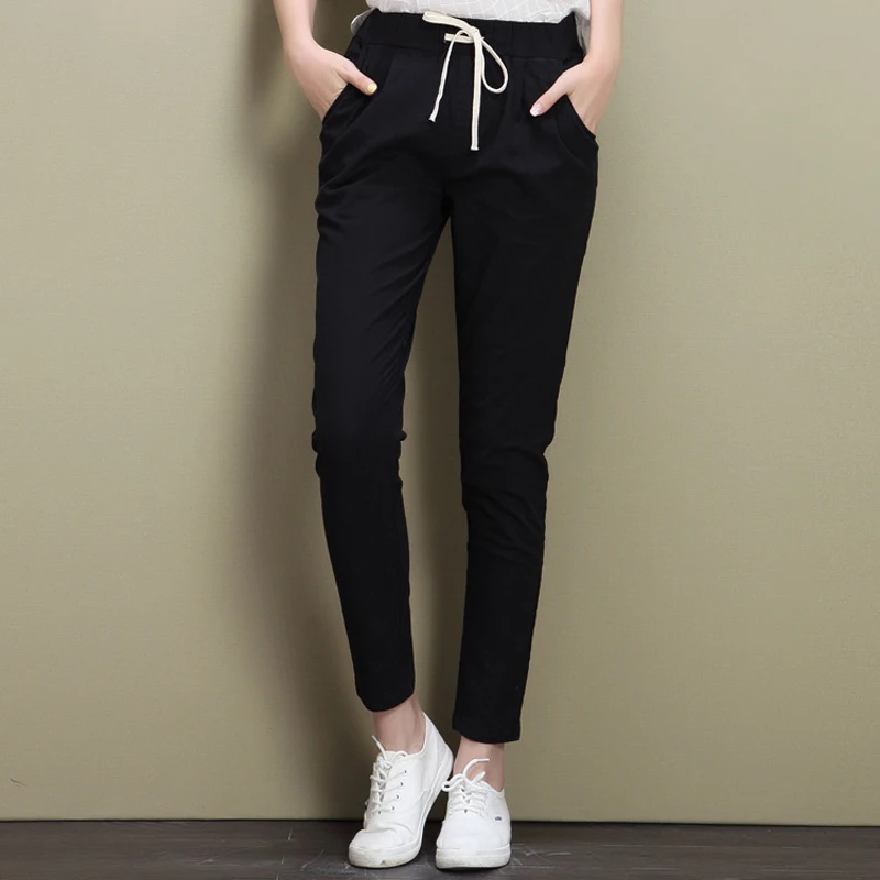 2019 осенние хлопковые льняные брюки для женщин с эластичной резинкой на талии