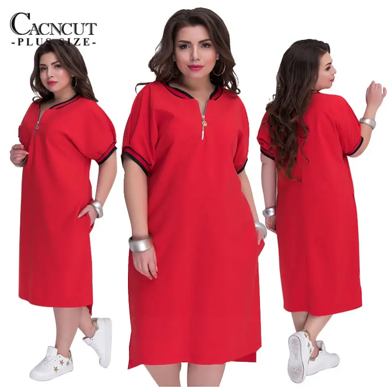 CACNCUT 5XL 6XL плюс размер прямые платья женские с круглым вырезом на молнии Большие размеры Летние повседневные свободные однотонные платья красные Vestidos