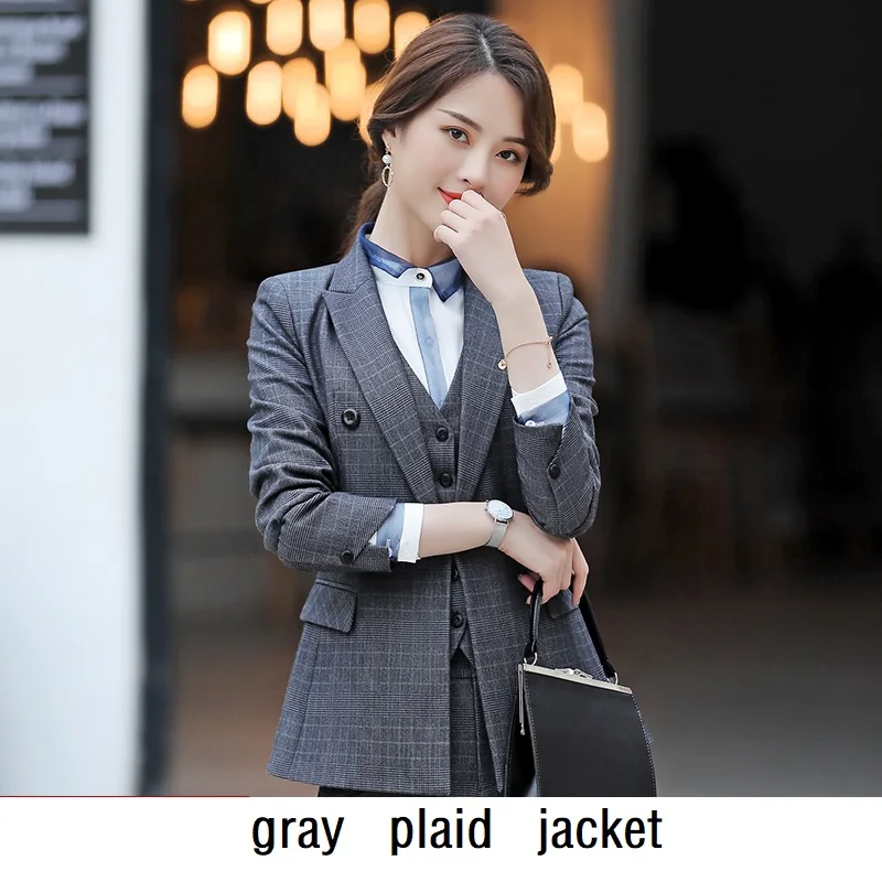 gray plaid jacket Женские костюмы, тонкий пиджак в клетку с длинным рукавом и брюки, 2 предмета в комплекте, OL, официальные женские брюки, костюмы для женщин, костюмы 866 - Цвет: gray plaid jacket