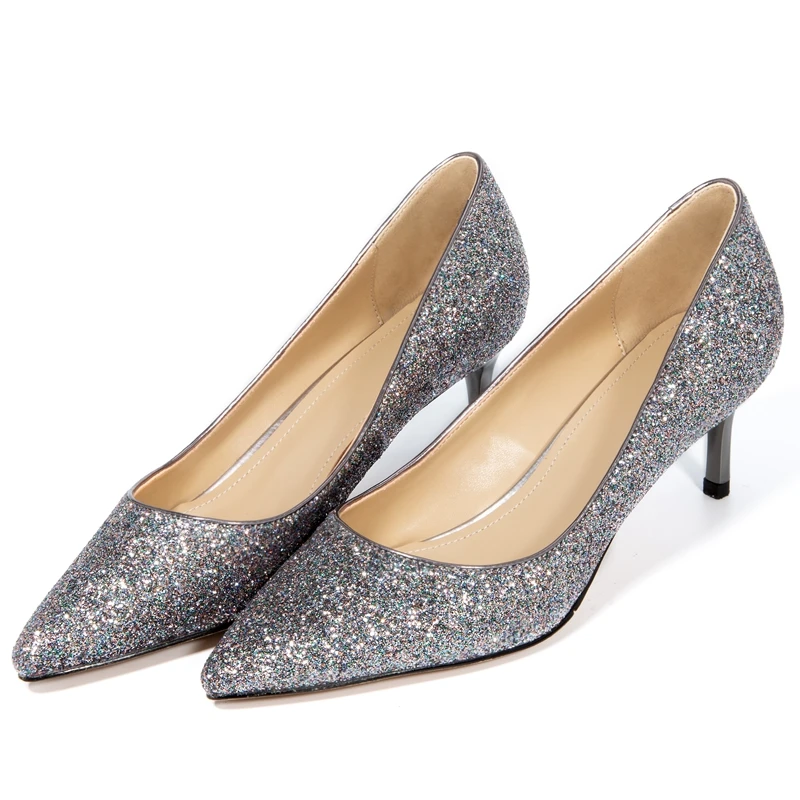 ANMAIRON Sequined Cloth Basic High (5cm 8cm) Thin Heels Women Shoes Pointed Toe Casual Slip On Pumps Size 34 39 LY886|Женские туфли| |
