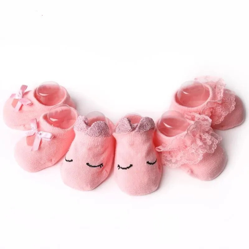 3 pink 3 пар/упак. носки для маленьких девочек хлопковые носки-тапочки для новорожденных с бантом и кружевом, носок с рюшами, нескользящие носки-тапочки для детей 0-3 лет - Цвет: 3 pink