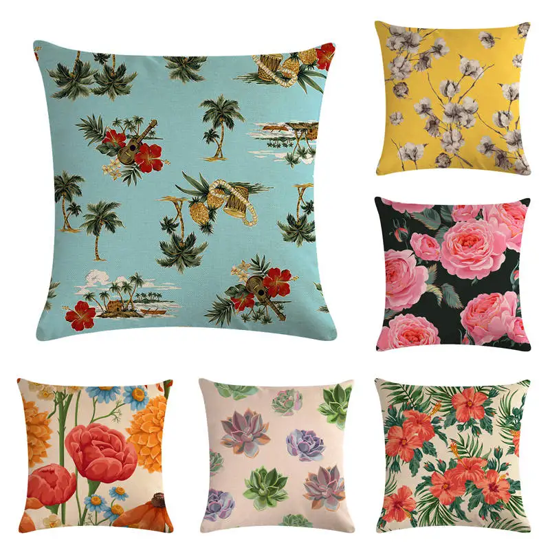 

Beautiful Flowers Cotton Linen Cushion Cover Decorative Pillowcase Chair Seat and Waist Square 45x45cm Pillow Cover Home Living