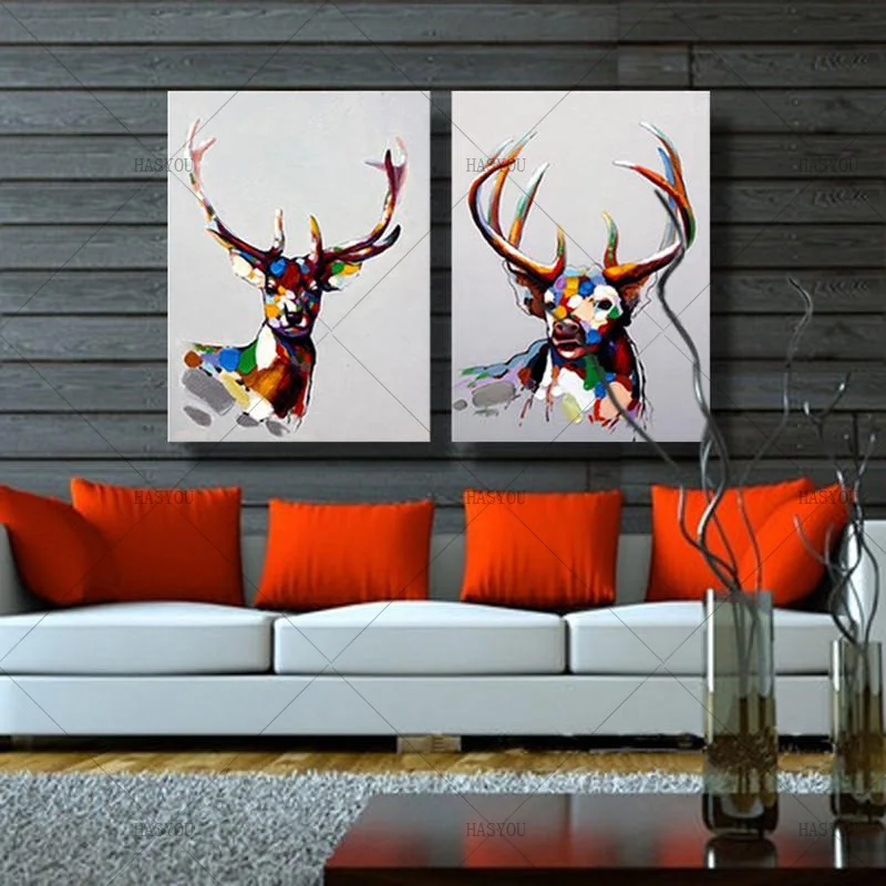 Modern Abstract Oil Painting Animal Art Pictures Set Handpainted Colorful Lovely Deer Canvas For Home Decoration Living Room | Дом и сад