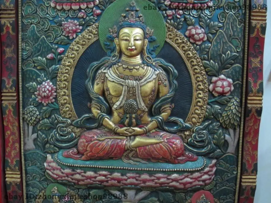 free shipping Tibet Buddhism Fane Wood Carved Painted Amitayus longevity Buddha TangKa Screen | Дом и сад