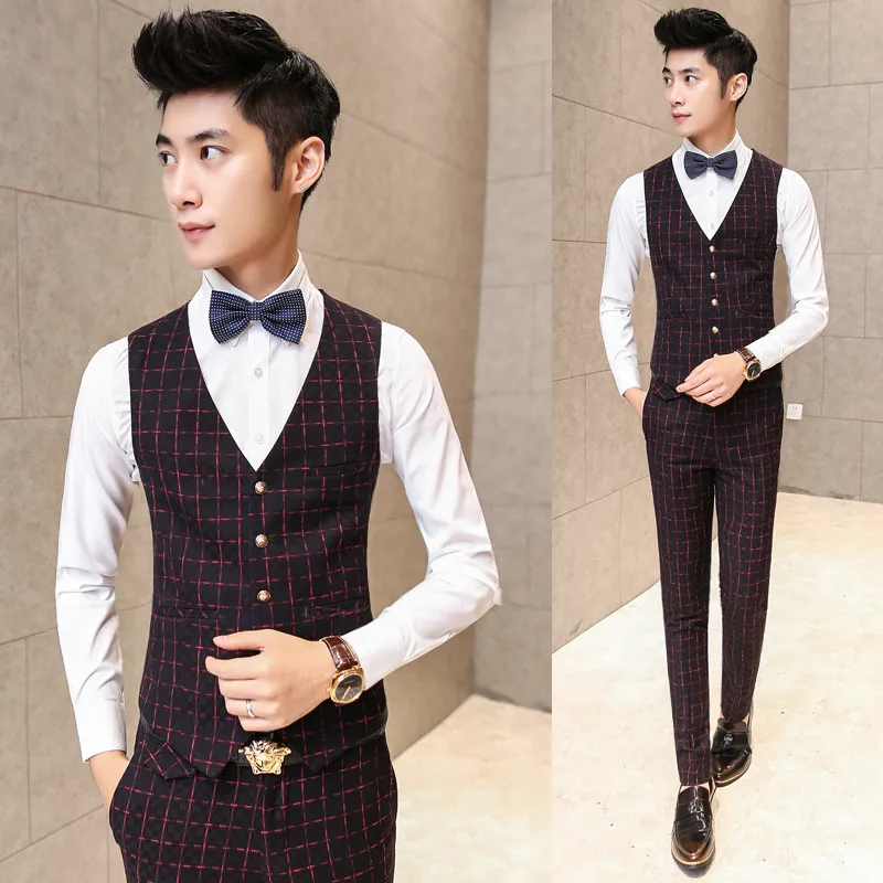 2016 Мужские Костюмы Красный Плед Дизайн Выпускного Вечера Смокинг Костюм для