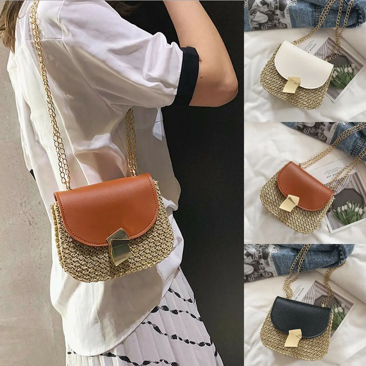 2019 модные маленькие сумки через плечо для женщин Мини PU кожа + соломенная сумка