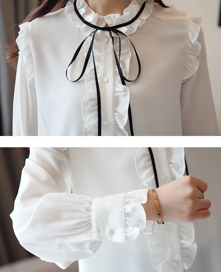 

Ladies 2019 Korean New fashion red Elegant Blusa feminina Female Tops Ruffles Women shirt Bow tie Casual Chiffon blouse shirt
