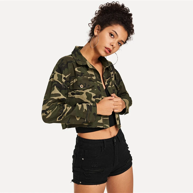SweatyRocks, укороченная куртка с камуфляжным принтом, уличная одежда, однобортные пальто и куртки, женские повседневные топы с отложным воротником на весну и осень