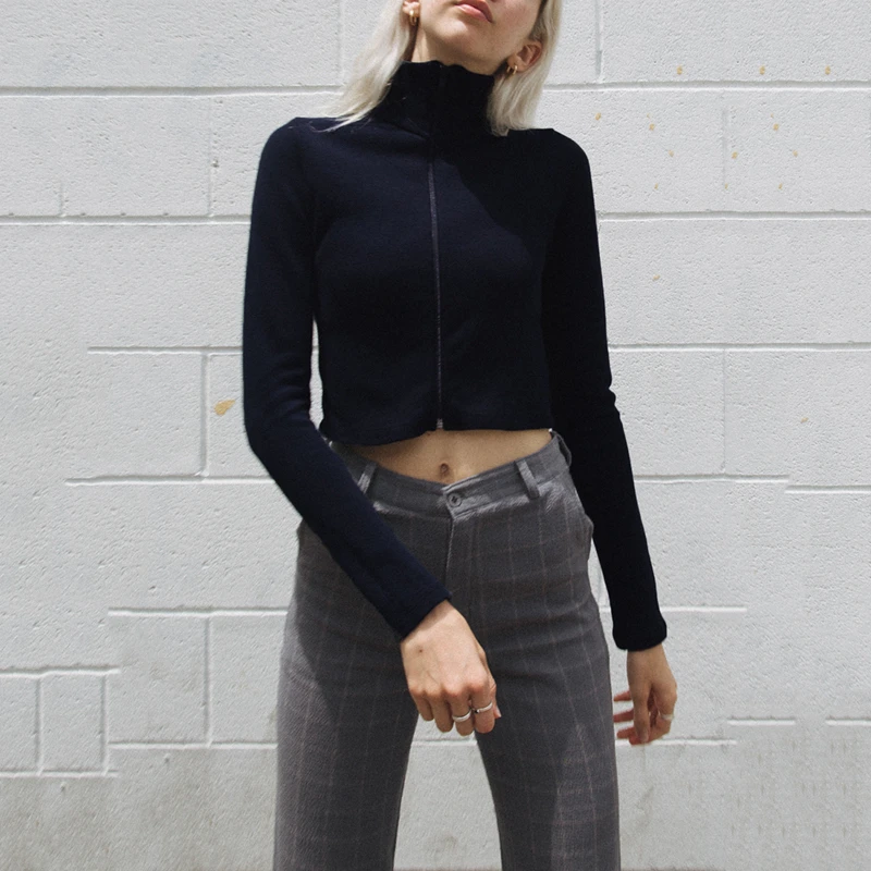 Темно Синяя водолазка с длинным рукавом на молнии укороченные футболки для