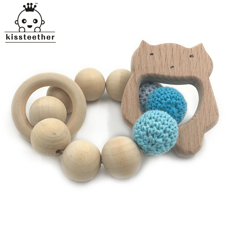 Pulsera de madera con forma de Animal para beb&eacute;, mordedor ecol&oacute;gico, juguete de dentici&oacute;n infantil, brazalete con forma de sonajero, regalo-2