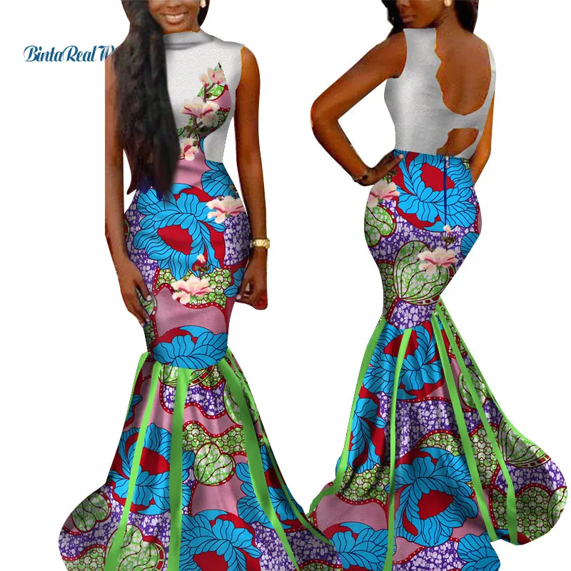 African Print Dresses for Women Bazin Riche Dashiki Women African Clothing Lace Applique Long Mermaid Dresses Vestidos WY3474