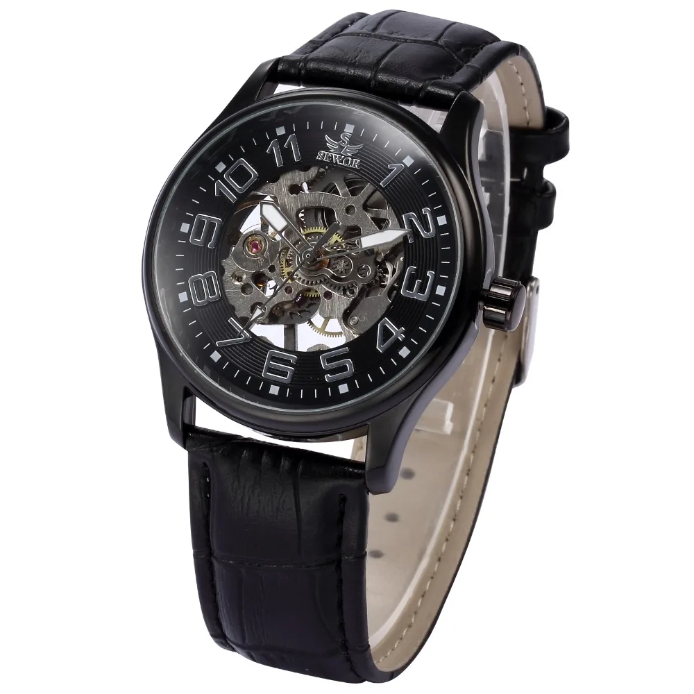 SEWOR Топ Бренд Скелет часы мужские прозрачные черные кожаные Наручные Мужские