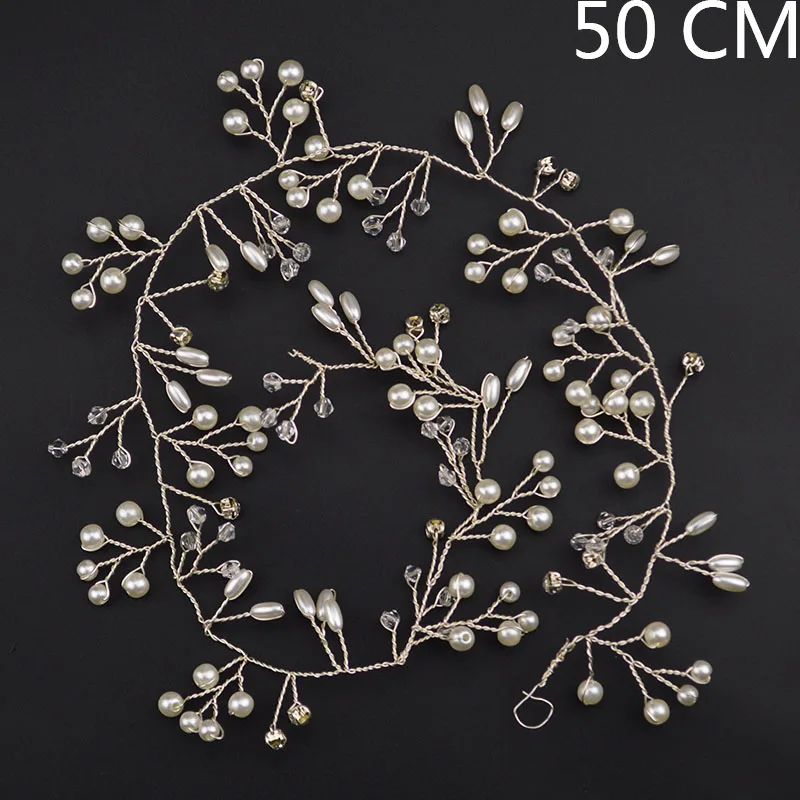 50cm Модная жемчужная головная повязка принцессы цвета слоновой кости с кристаллами ручной работы; Женская повязка на голову; свадебные аксессуары для волос; лента для волос 100 см - Окраска металла: 50cm