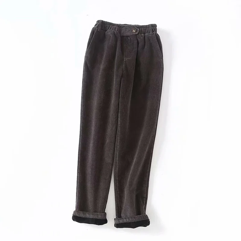 Черный Winter Corduroy Pencil Pants Women Casual Elastic Waist streetwear Pant Solid High Waist trousers Women Loose Ladies Pants - Цвет: Черный
