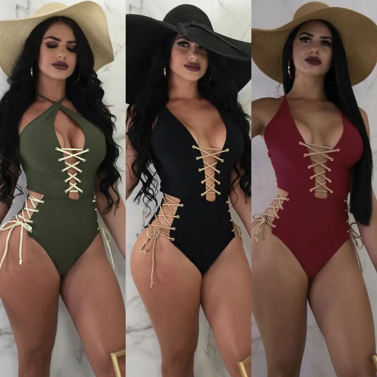 

2019 Sexy Women Swimwear One Piece Swimsuit Monokini Push Up Bikini Bathing Solid Bandage Beachwear