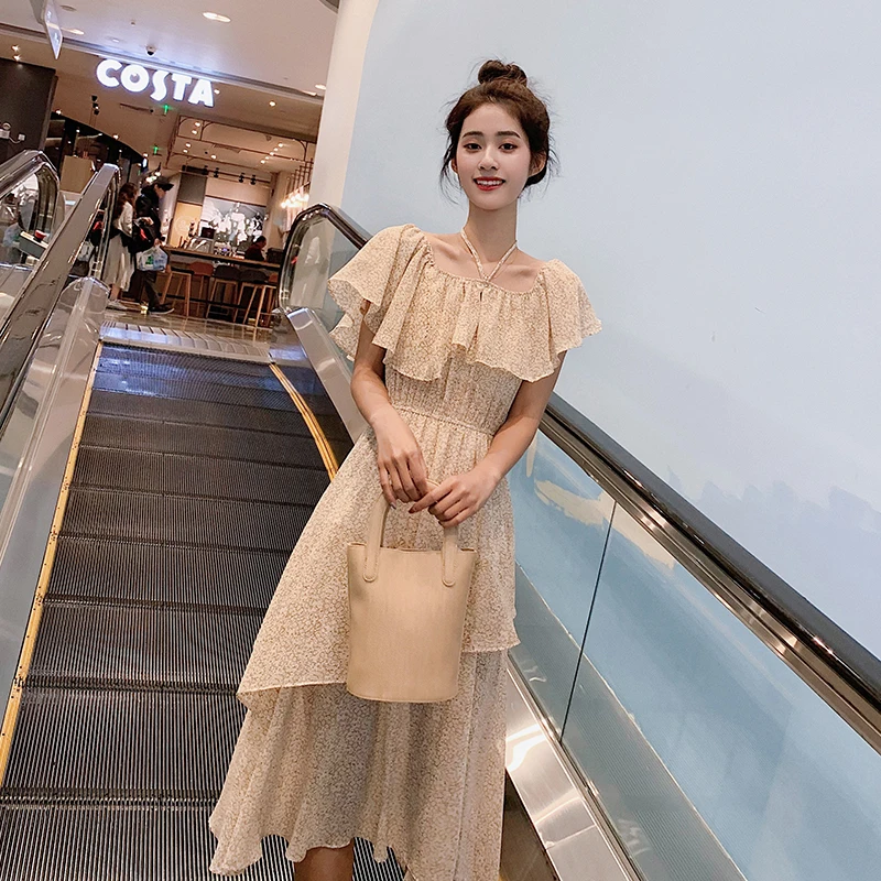 2019 летняя новая женская одежда шифоновое платье с цветочным рисунком открытыми