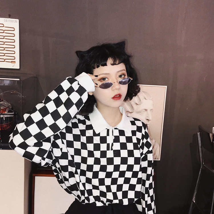 Новинка, Ulzzang Harajuku, корейский бойфренд, свободная рубашка поло с длинным рукавом, черная и белая клетчатая футболка, женские топы, футболки, одежда