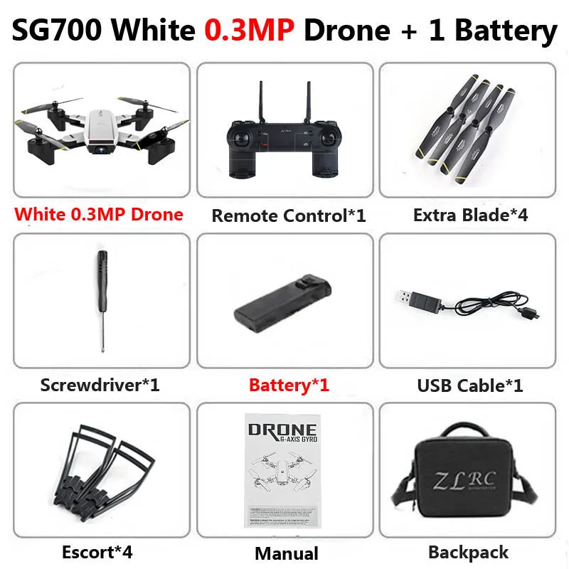 0.3MP White 1B Bag SG700 Профессиональный складной Дрон с камерой 2MP HD WiFi FPV контроль скорости удержания высоты RC Квадрокоптер Вертолет игрушка XS809 E58 - Цвет: 0.3MP White 1B Bag