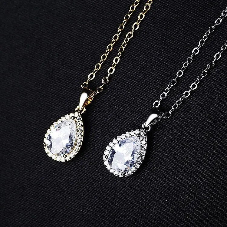 MxGxFam Good Quality Drop Water Zircon Pendants Necklace For Women Fashion Jewelry Gold Color 18 k AAA+ 45cm Chain | Украшения и
