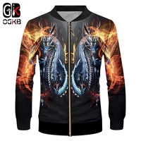 ogkb fall winter casual jacket man hiphop long sleeve stand collar zip jackets printed fire dragon 3d coat man fit slim overcoat