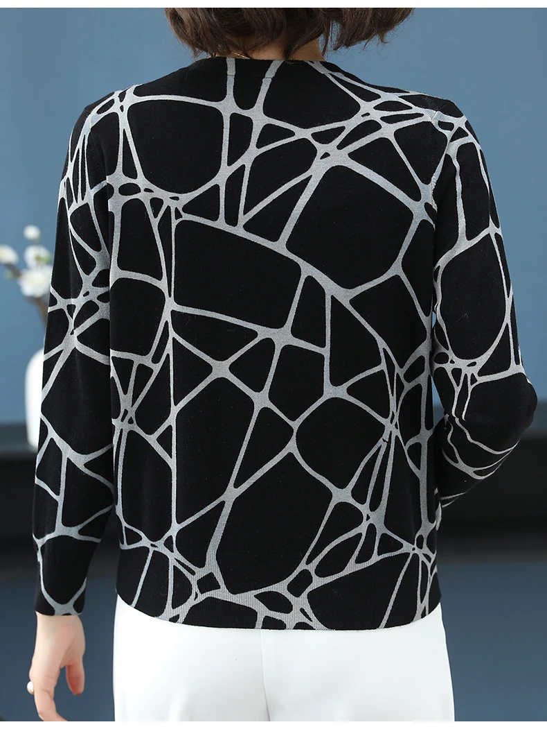 ASLTW Autumn Printed Sweater Women New Fashion Geometric V Neck Cardigan Female Plus Size Knitted Top Jumper Sweater