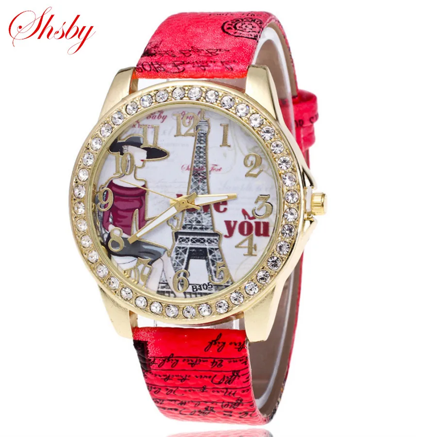 Часы наручные Shsby женские кварцевые, брендовые с кожаным ремешком, с изображением Эйфелевой башни, повседневные