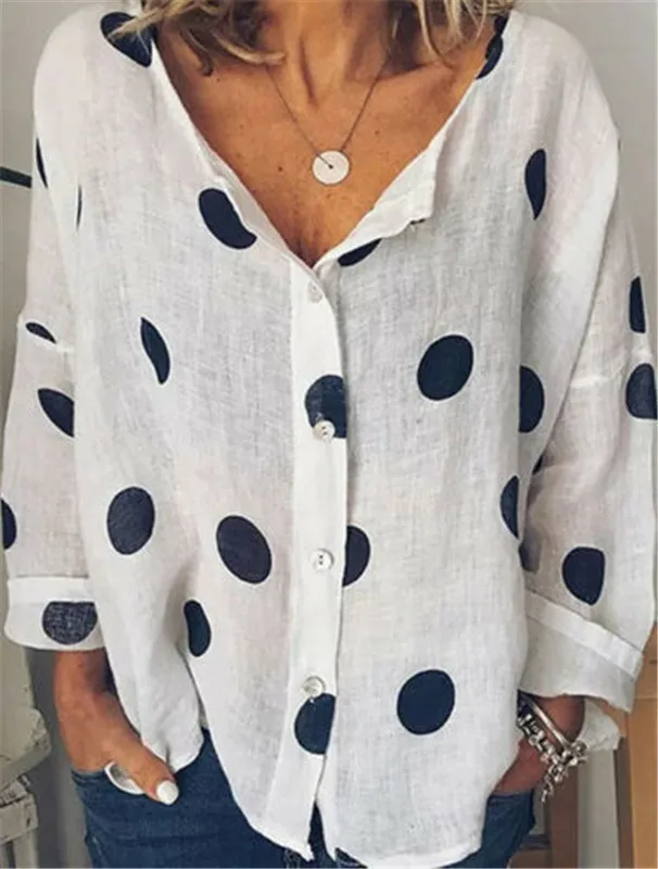 Женская блузка в горошек свободные топы из хлопка и льна с треугольным вырезом