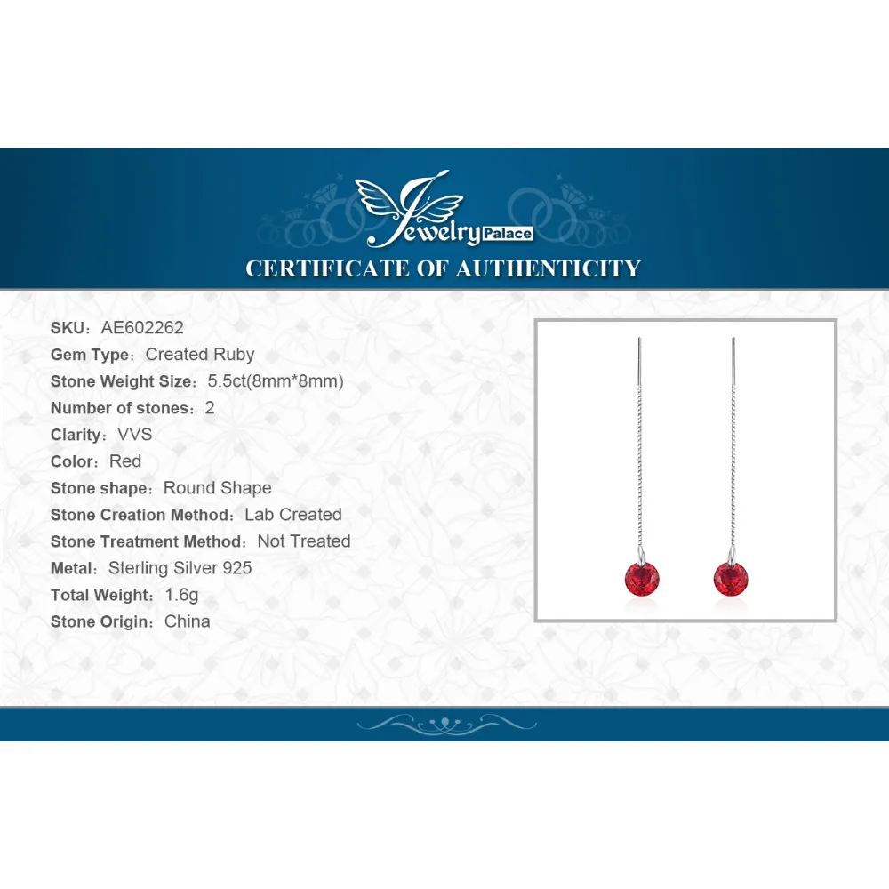 JewelryPalace модные 5.59ct круглый СОЗДАН Ruby Threader Earrings 925 пробы серебро ювелирных украшений вечерние длинные серьги для Для женщин