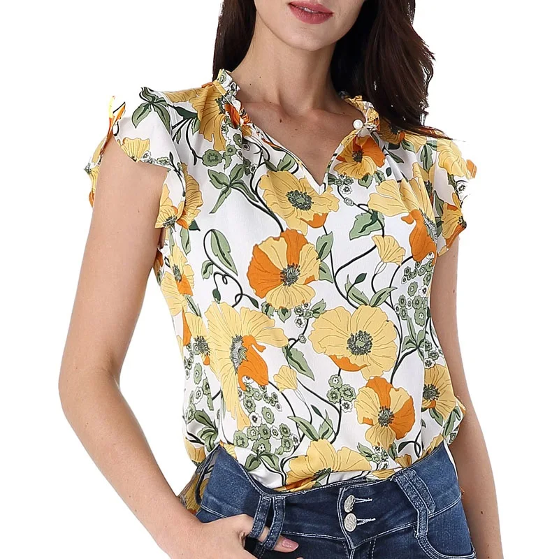 Cortas Для женщин летний комплект одежды с рюшами рукав Цветочный принт на пуговице лицевой стороны Разделение