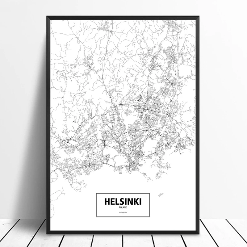 Helsinki Finland Black White Custom World City Map Poster Canvas Print Nordic Style Wall Art Home Decor | Дом и сад