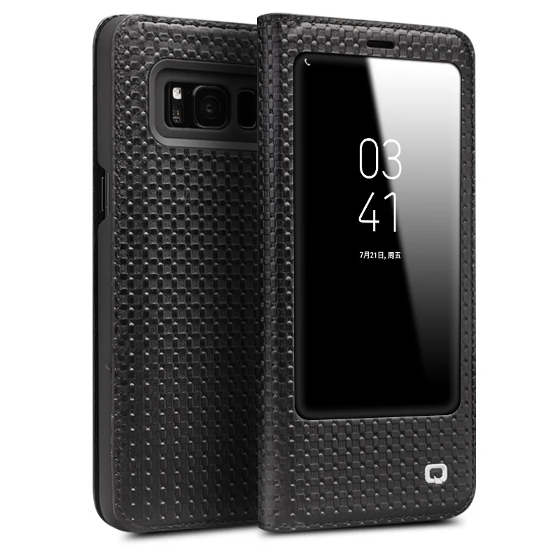 grid black QIALINO, модный флип-чехол для samsung Galaxy S8& S8 Plus, роскошный чехол ручной работы из натуральной кожи для samsung S8 5,6/6,1 дюймов - Цвет: grid black