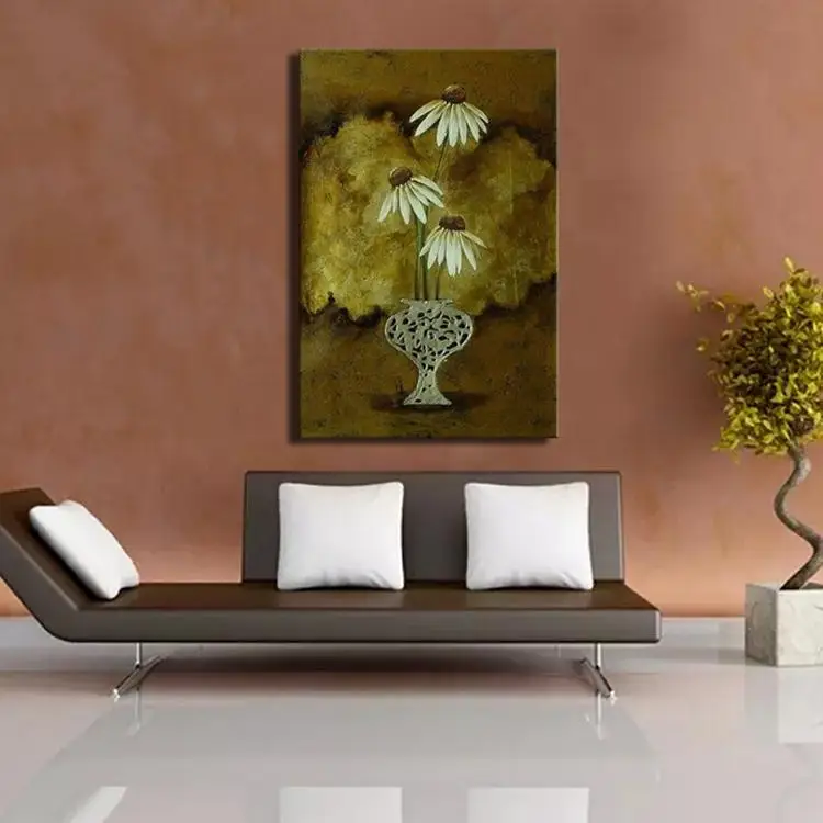 100% ручная роспись Золотая настенная живопись красивый цветок Маргаритка картина