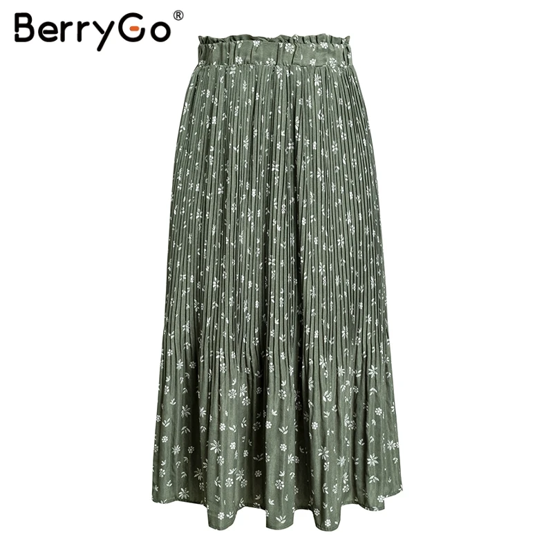 Green BerryGo, элегантные плиссированные женские юбки, высокая талия, шифоновая длинная юбка с цветочным принтом, летняя юбка-пачка миди - Цвет: Green