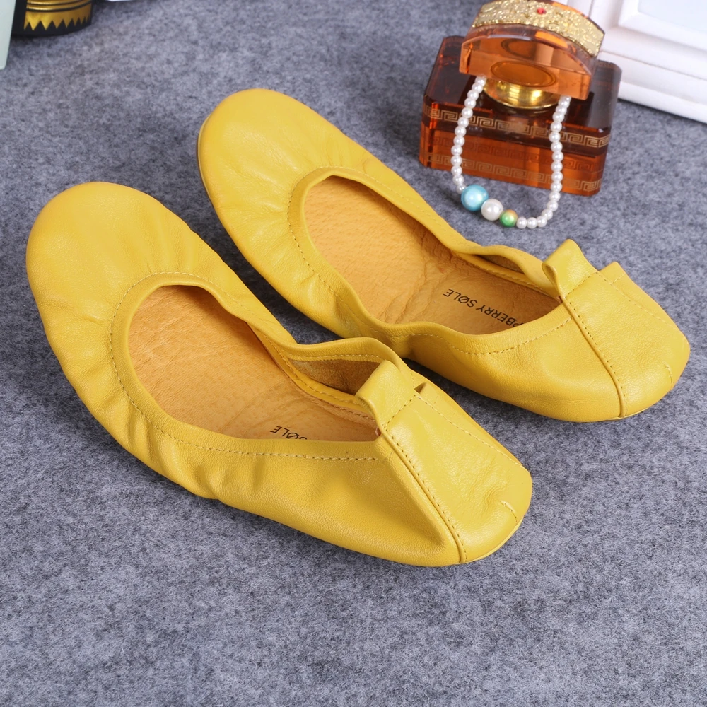 Желтый Модный Бренд Балерина Обуви Женщины Кожа Балета Плоские Складной и