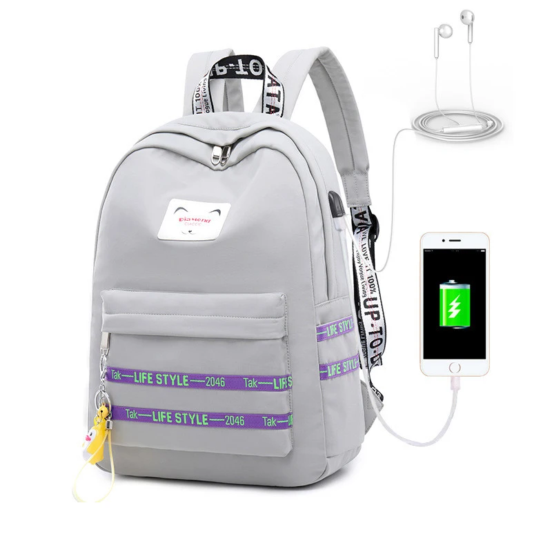 light gray Водонепроницаемая дорожная сумка для женщин, внешний USB зарядка, женский рюкзак, Mochila Escolar, для девочек, рюкзак для ноутбука, школьный рюкзак для подростков - Цвет: light gray