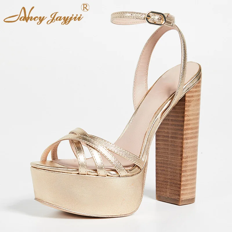 

Golded Metallic Crossed Straps Platform Super High Heels Sandals Wood Print 6 Inch Square Heels Plus Size 15 16 Women Shoes 2021