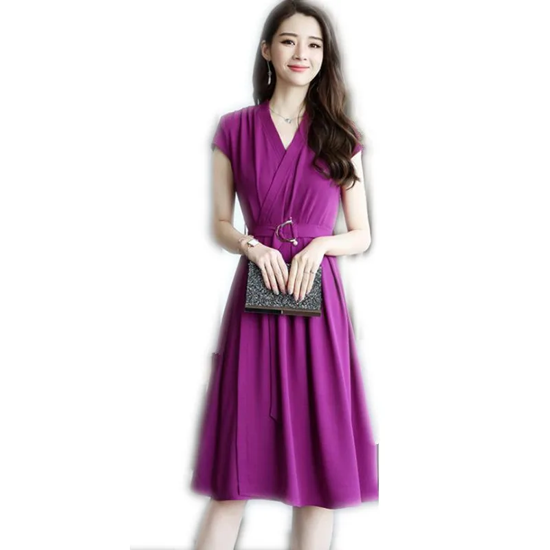 

New Fashion Spring Summer Women Office Lady Dress Knee-Length 2019 V-Neck Empire Women Work With Sashes Dress Vestidos Q368