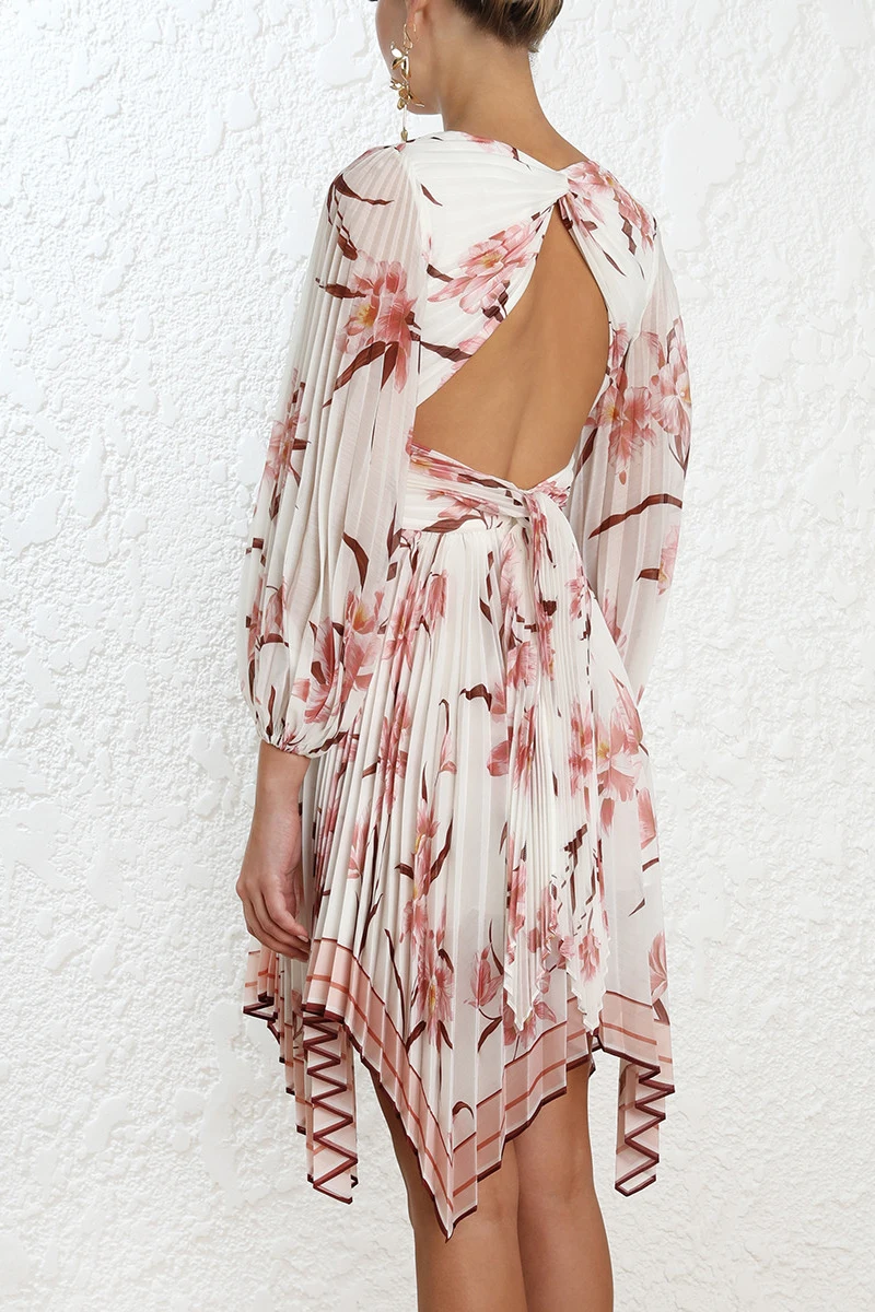 High Quality Hole Print Pleated Dress Celebrity Sexy Women Elegant Bodycon Lantern Sleeve Deep V-Neck Backless Dresses Wholesale | Женская